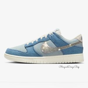 Bling Nike Dunk Low Denim Women's Sneakers Shoes Customized With Crystals Blue
